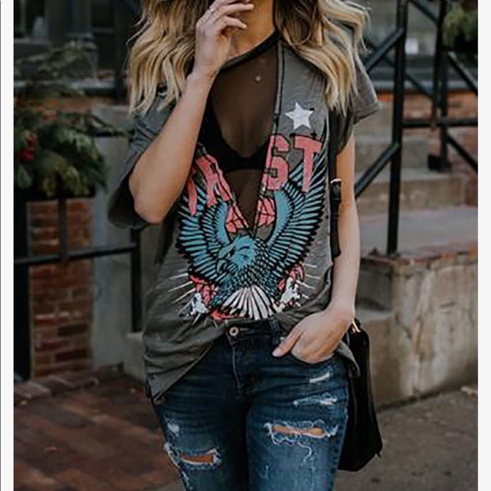Distressed Mesh V Neck Biker Graphic T shirt Sz S